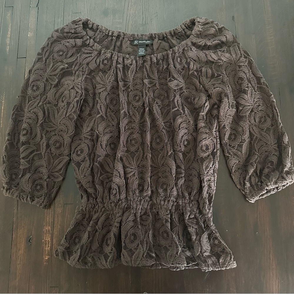 INC International Concepts Dark Brown Lace Blouse
